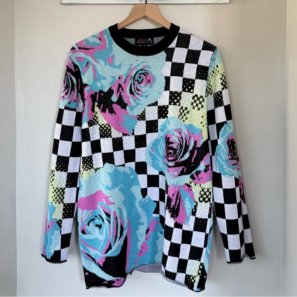 DOLLS KILL DELIA*S S Dream Drifting Checkered Floral Sweater • Tunic Mini Dress